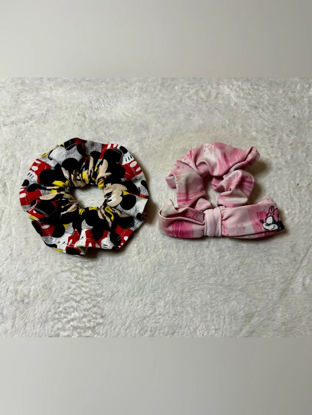 Kids Pink Bow Minnie Mouse Scrunchie and Black-Red Mickie Mouse Hair Tie